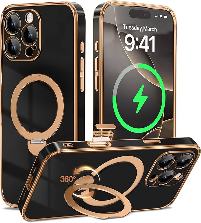 GolbinBox for iPhone 16 Pro Max Case with 360° Spin Magnetic Stand,[Compatible with Magsafe] [Military Protection][Built-in Ring Holder] Camera Control Phone Case for 16 Pro Max,Black