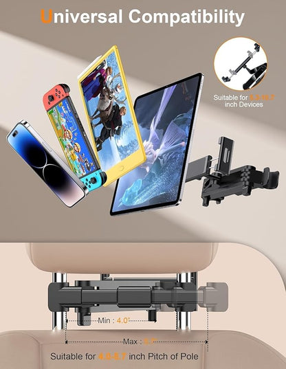 360° Rotating Car Headrest Mount - iPad Holder for Car, Compatible with 5.5-18.4" iPad/iPhone/Samsung Tablets - Adjustable Stand for Backseat Entertainment on Long Drives & Travel