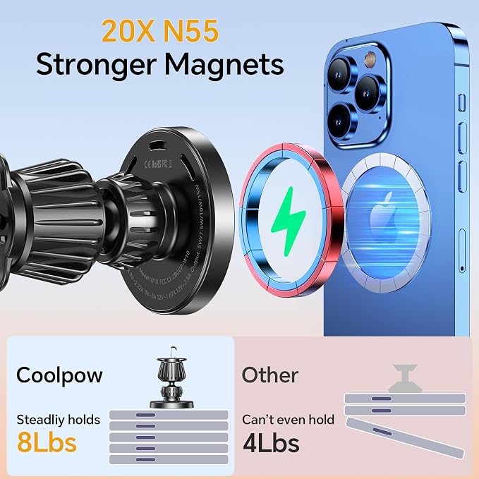 Coolpow for MagSafe Car Mount Charger【Ultra Magnet】Magnetic Phone Holders for Your Car Charger【Windshield+Vent+Dash】Magnetic Wireless Car Phone Holder Mount Charger Car Accessories for iPhone 17 16 15