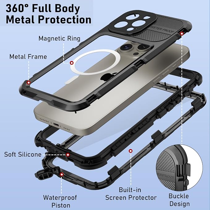 WIFORT for iPhone 15 Pro Max Waterproof Case - Metal Shockproof Phone Case Built-in Screen Protector [IP68 Water Proof][14FT Military Grade ], Heavy Duty Full Body Drop Protection Cover, 6.7" Black
