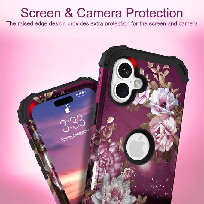 Hocase for iPhone 16 Case 6.1", Heavy Duty Shockproof Protection Soft Silicone Rubber+Hard Plastic Bumpers Hybrid Protective Case for iPhone 16 2024 - Royal Purple Flowers
