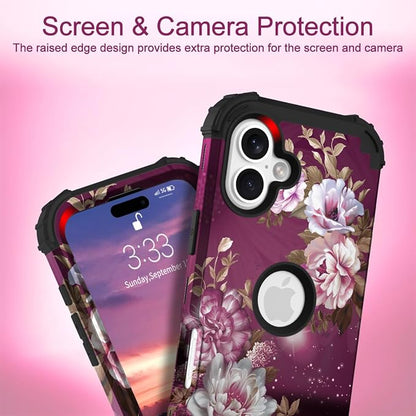 Hocase for iPhone 16 Case 6.1", Heavy Duty Shockproof Protection Soft Silicone Rubber+Hard Plastic Bumpers Hybrid Protective Case for iPhone 16 2024 - Royal Purple Flowers