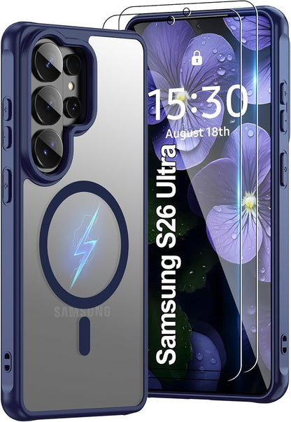 Pilaru for Samsung Galaxy S26 Ultra Phone Case : [MagSafe Fit] with 2PC HD Screen Protector, S 26 Ultra Phone case Matte Translucent Soft-Touch Skin & Full Body Protection Cell Phone s26ultra,Blue