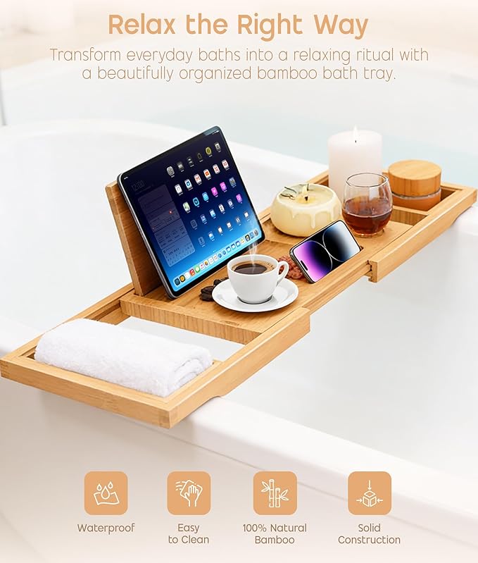 ADOV Bathtub Tray, Foldable Bamboo Bathtub Caddy, Adjustable Bath Tray for Tub with Book Rest, Phone, Tablet, Candle, Towel, Glass Holder, Extendable Wooden Bath-Shelf Fits Most Bathtubs Sizes