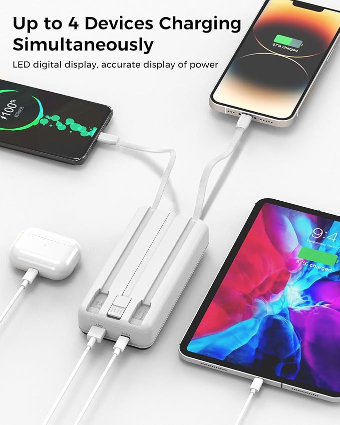 Portable Charger 40000mAh Power Bank, PD 22.5W Fast Charging | Built-in Cable, 4 Output 3 Input, Digital Display, Compatible with iPhone 17 16 15 14 13 Android