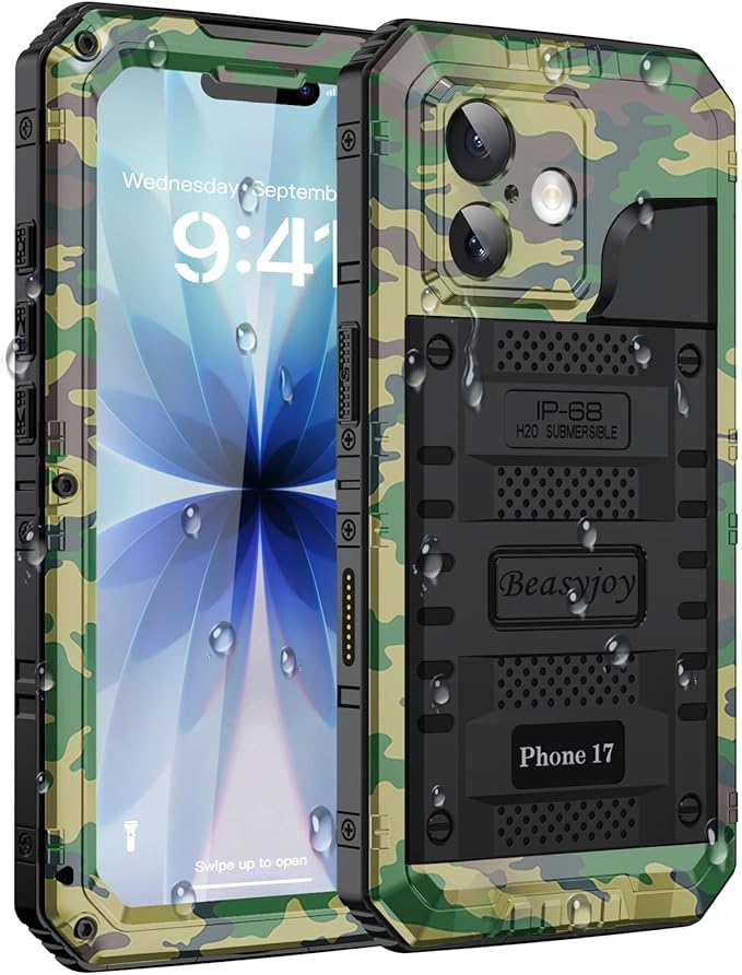 Beasyjoy for iPhone 17 Case Waterproof, Heavy Duty Metal Full Body Protection, Built-in Screen Protector, Military Grade Shockproof Dustproof Rugged Cover for iPhone 17 6.3 inch, Camo