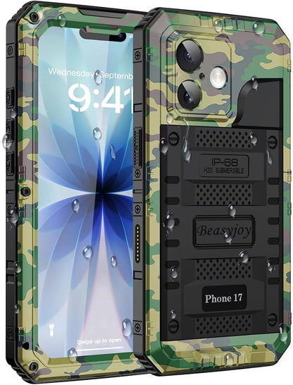 Beasyjoy for iPhone 17 Case Waterproof, Heavy Duty Metal Full Body Protection, Built-in Screen Protector, Military Grade Shockproof Dustproof Rugged Cover for iPhone 17 6.3 inch, Camo