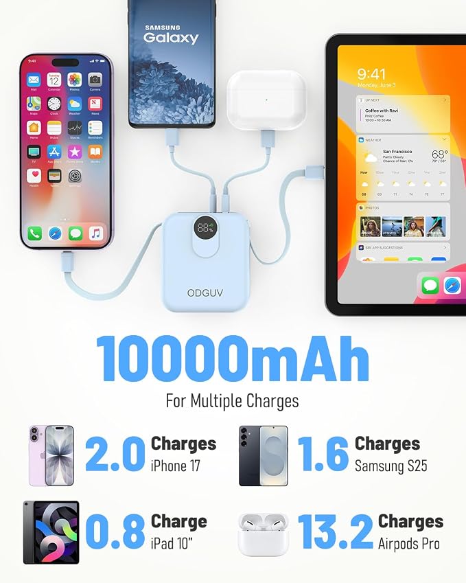 Small Portable Charger with Built-in Cables,22.5W Fast Charging Power Bank,USB-C Mini Battery Pack 10000mAh,Travel Essential Powerbank for iPhone Samsung Android iPad MacBook,Blue