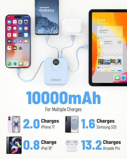 Small Portable Charger with Built-in Cables,22.5W Fast Charging Power Bank,USB-C Mini Battery Pack 10000mAh,Travel Essential Powerbank for iPhone Samsung Android iPad MacBook,Blue
