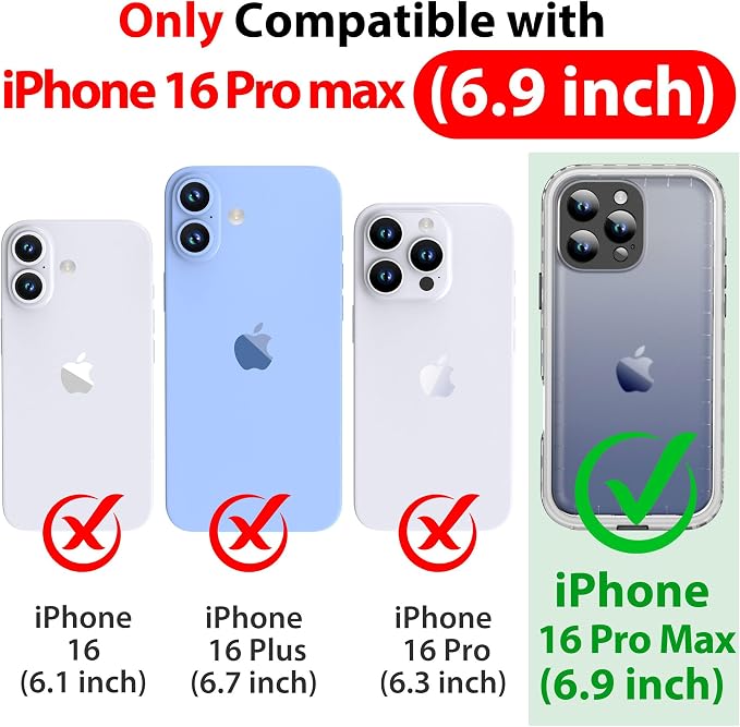 SPORTLINK for iPhone 16 Pro Max Case with Screen Protector,IP68 Underwater/6.6FT Military Dropproof/Dustproof/Heavy Duty Full Body Phone Case for Apple iPhone 16 Pro Max 6.9 inch Black/Frosted Clear
