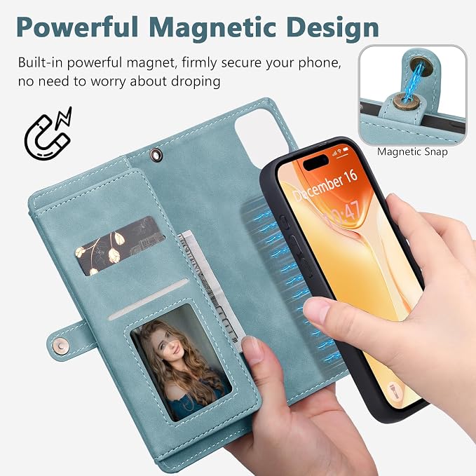 Wallet Case for iPhone 15 with Card Holder/Crossbody Wallet/Strap| RFID Blocking | Magnetic | Kickstand | Detachable | PU Leather Phone Case for iPhone 15,6.1 in,Blue
