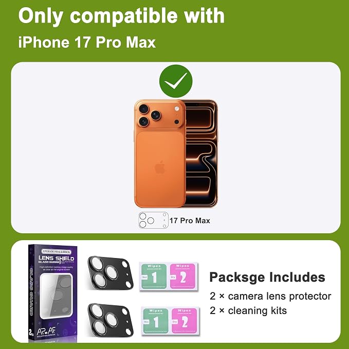 2-Pack Shatterproof Camera Lens Protector for iPhone 17 Pro Max |AR Tempered Glass Strong Adsorption Metal Camera Cover Screen(Black)
