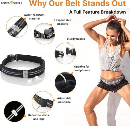 Running Belt for Women and Men, Waterproof Phone Holder for Running, Reflective 2-Pocket Waist Pack for Storing Runner’s Essentials Safely, Running Fanny Pack Fits Most Phones, Adjustable Belt Bag