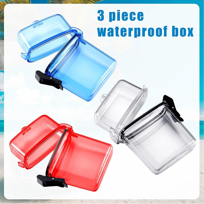 Outus 3 Pcs Waterproof ID Badge Holder Case with Waterproof Buckle Floating Sports Case Locker with Adjustable Hanging Rope Plastic Card Dry Box(Clear, Blue, Red,4.72 x 2.95 x 1.57 in,Classic)