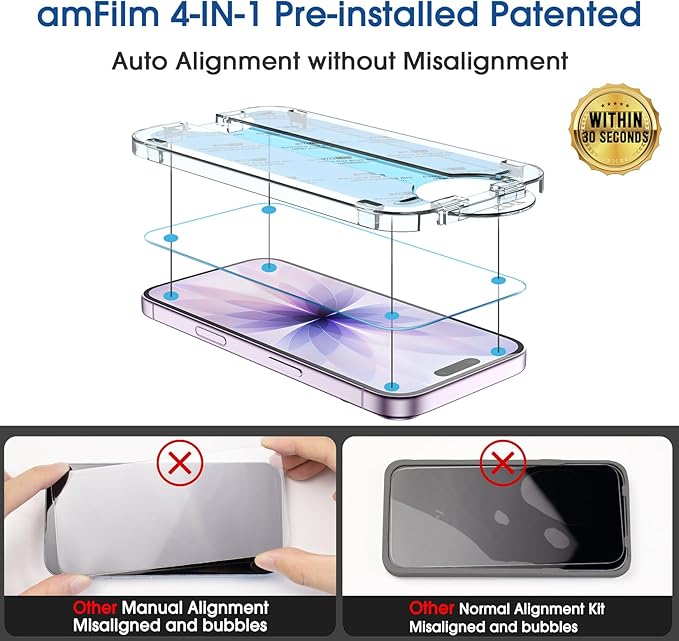 amFilm OneTouch Screen Protector for iPhone 17 6.3'' 2025 + Camera Lens Protector | Auto-Alignment install | Bubble Free | 9H+ Military-Grade Tempered Glass | FHD Clarity | Case Friendly | 2+2 Pack
