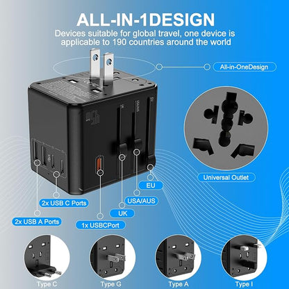 Universal Travel Adapter, International Power Plug Converter with 45W PD Charger, 2500W Support, All-in-One AC Adapter Travel Essentials for Europe EU UK US AUS, Type C Port