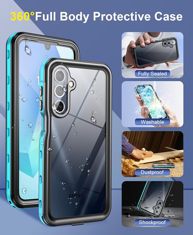 Beasyjoy for Samsung Galaxy A16 5G Phone Case, IP68 Waterproof with Built-in Screen Protector, Rugged Full Body Military Grade Shockproof Dustproof Protective Underwater Cover, Blue/Clear