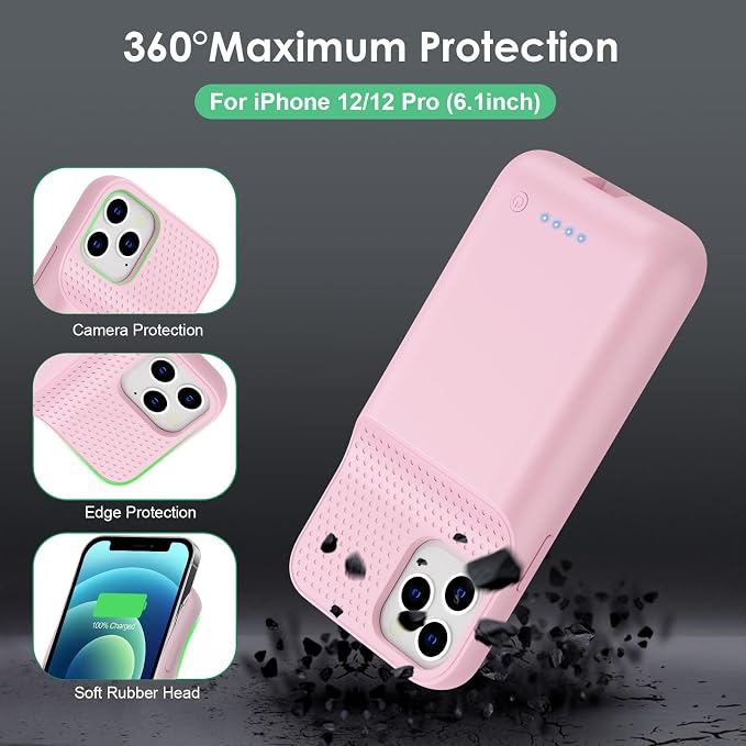 Battery Case for iPhone 12/12 Pro,[2025 Upgraded] 10800mAh Ultra-Slim Portable Extended Charger Case Cover for iPhone 12/12 Pro Charging Case (6.1 Inch)-Pink