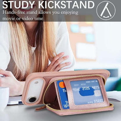 Crossbody Wallet Case for iPhone Air, PU Leather Zipper Handbag Purse Flip Cover, Kickstand Folio Case with Card Slots Holder Wrist Strap Lanyard 5G 6.5 Inch-Rose Gold