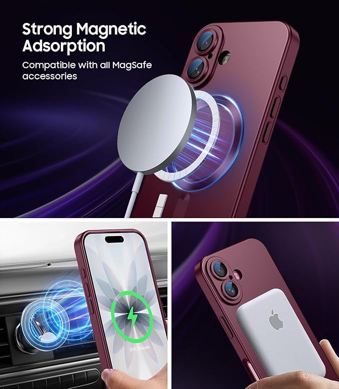 Magnetic for iPhone 17 Case [Compatible with MagSafe][Built-in Camera Lens Protector] Slim Thin Soft Silicone Bumper Shockproof Metallic Luster Phone Case (Burgundy)