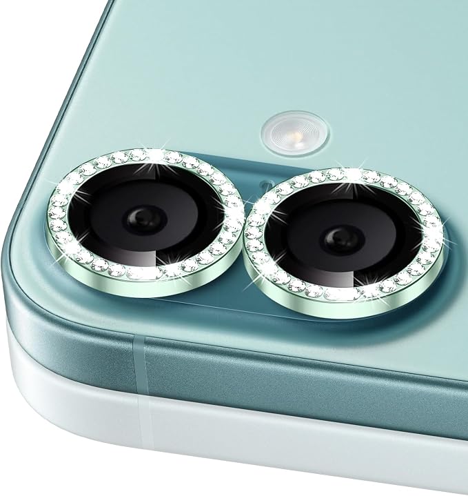 ShinKin Camera Lens Protector for iPhone 16/iPhone 16 Plus, Bling Glitter Camera Cover, 9H Tempered Glass Individual Metal Ring Camera Protector for iPhone 16/iPhone 16 Plus (Diamond - Green)