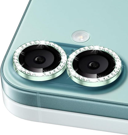 ShinKin Camera Lens Protector for iPhone 16/iPhone 16 Plus, Bling Glitter Camera Cover, 9H Tempered Glass Individual Metal Ring Camera Protector for iPhone 16/iPhone 16 Plus (Diamond - Green)
