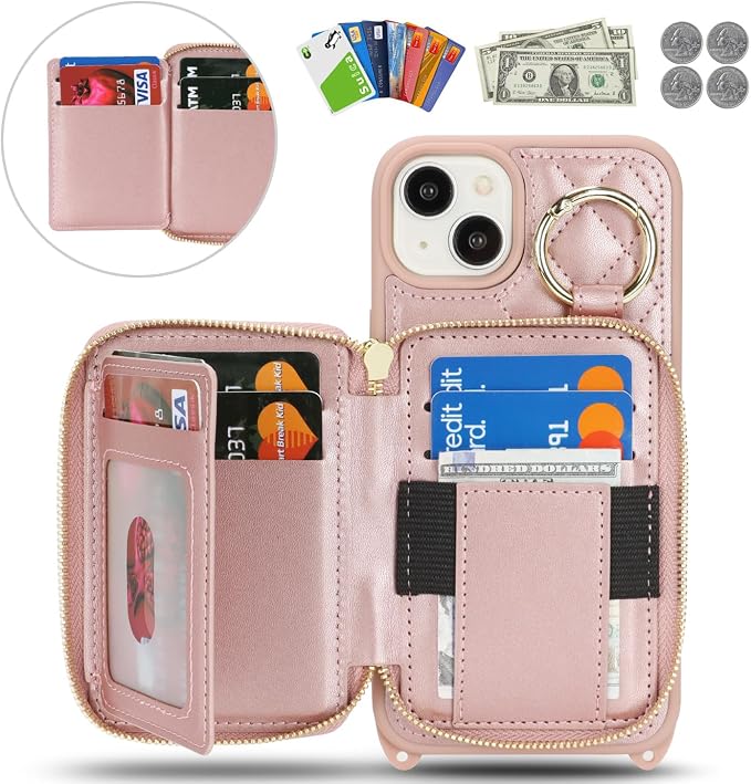 Crossbody Wallet Case for iPhone 14 Plus, PU Leather Zipper Handbag Purse Flip Cover, Kickstand Folio Case with Card Slots Holder Wrist Strap Lanyard 5G 6.7 Inch-Rose Gold