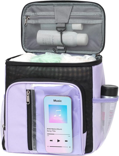 F-color Shower Caddy Portable for College Dorm Essentials - Large Hanging Sturdy Handle Toiletry Tote Bag with Hook, Multiple Pockets, Quick Dry Organizer for Camping, Travel, Gym, Purple
