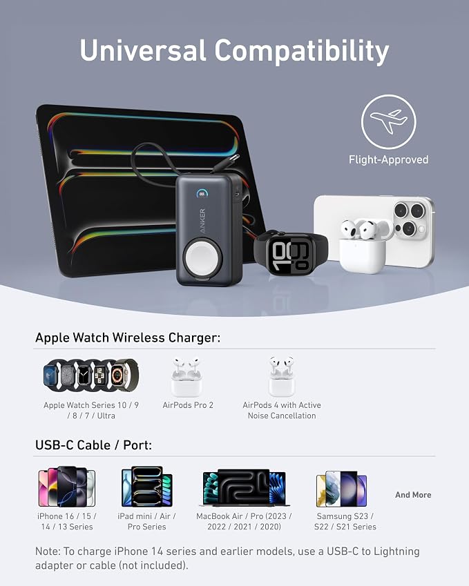Anker MagGo Power Bank for Apple Watch, Officially Certified 10,000mAh Compact Battery Pack with Built-in USB-C Cable, 35W Max, for iPhone 15 Series, Samsung, iPad, AirPods, and More(Black)