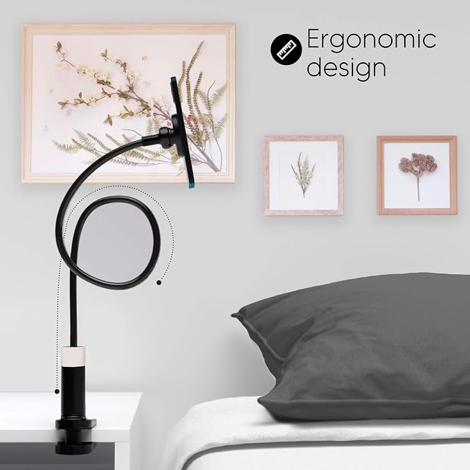 Phone Holder, Magnetic Flexible Long Arm Phone Mount for Desk Bed Bedside Table, Overhead Cell Phone Clip Bracket Clamp Stand for iOS 15 15 Pro 15 Plus
