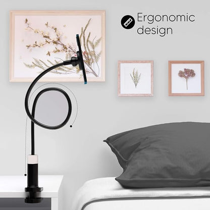 Phone Holder, Magnetic Flexible Long Arm Phone Mount for Desk Bed Bedside Table, Overhead Cell Phone Clip Bracket Clamp Stand for iOS 15 15 Pro 15 Plus