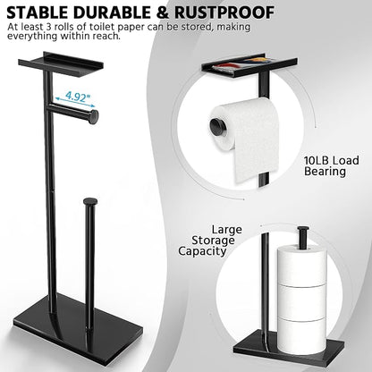 CISILY Black Toilet Paper Holder Stand with Phone Shelf, Bathroom Toliet Decor Decoration. Tissue Roll Free Standing Storage, Rv Accessories, Apartment Restroom Household Home Essentials