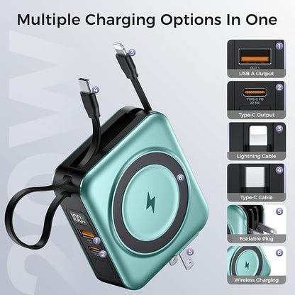 6-in-1 Magnetic Wireless Portable Charger 10000mAh – 22.5W Fast Charging with AC Wall Plug Built-in USB-C & Lightning Cables for iPhone 17/16/15/14/13/12, Android & Samsung(Green)