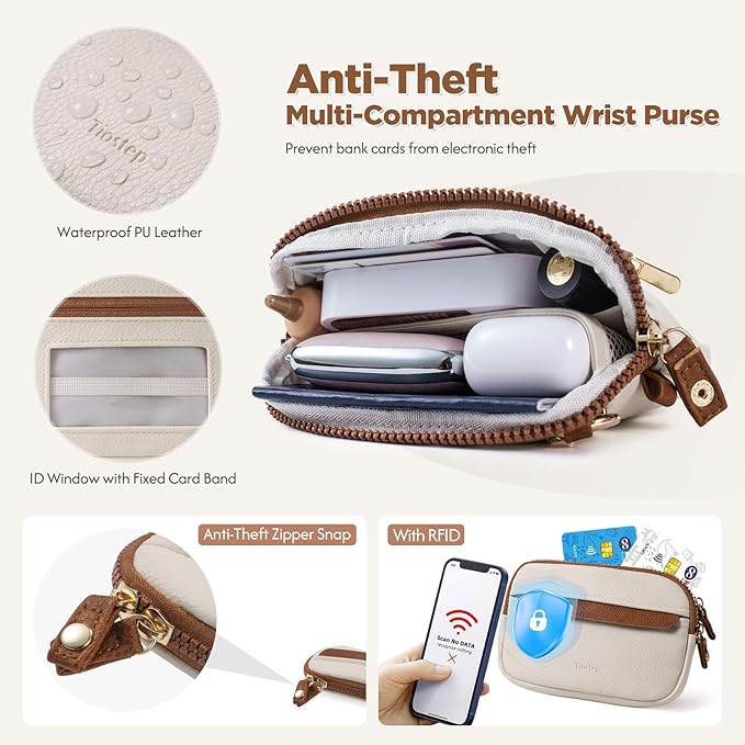 Tiostep Clip and Go Strap for Phone with Wallet Crossbody Phone Lanyard Adjustable and Anti-Theft Leather Purse with RFID Zipper Pouch for Travel Daily Life. Medium White-Brown