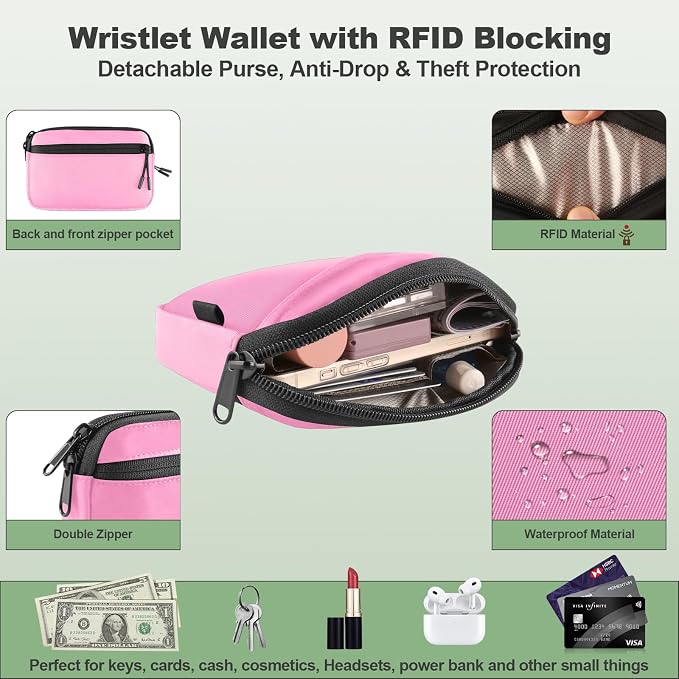 YFWE Clip and Go Strap for Phone with Wallet Crossbody, Adjustable Phone Lanyard with Detachable RFID Wristlet Wallet & Ultra-Thin 360° Rotatable Metal Tabs for All Smartphones (Pink)