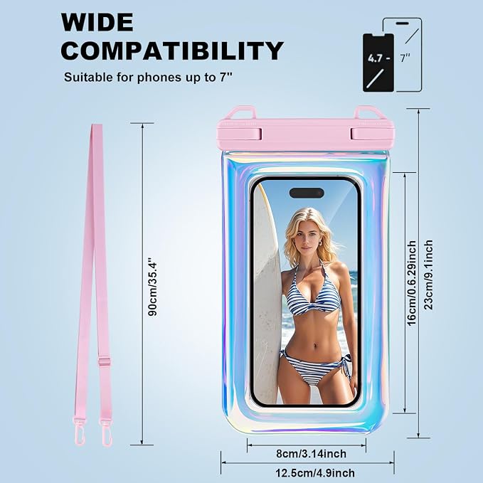 Waterproof Phone Pouch, IPX8 Floating Waterproof Phone Case Fits 7″Phones, Glitter Letter and Adjustable Neck/Crossbody Strap Design, Cruise Ship Travel Beach Essentials（Iridescent Pink