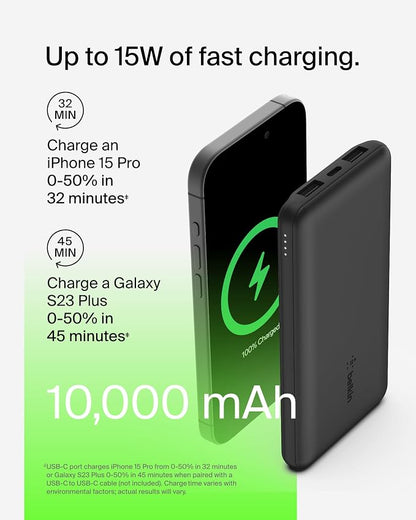 Belkin Portable Charger - 15W 3 Port Power Bank Battery Pack with 10000mAh Battery - Fast Charging for iPhone, Samsung Phone, More - USB C to A Cable Included