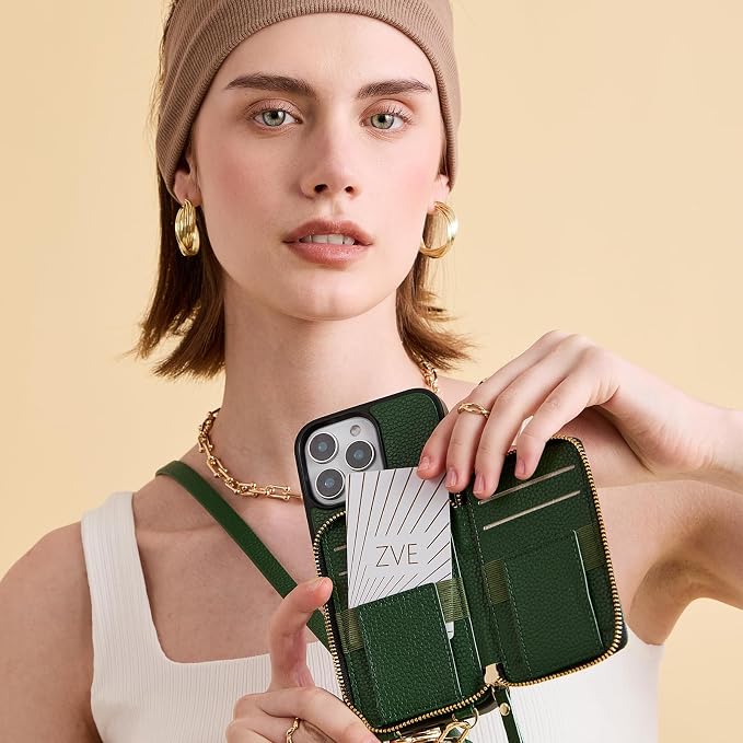 ZVE for iPhone 16 Pro Max Wallet Case, Zipper Crossbody Case with Card Holder Wrist Strap Phone Purse Cover for Women for iPhone 16 Pro Max 6.9" Dark Green
