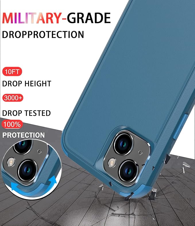 Diverbox for iPhone 14 Case [Shockproof] [Dropproof] [Tempered Glass Screen + Camera Lens Protector],Heavy Duty Protection Phone Case Cover for Apple iPhone 14 (Blue-3in1)