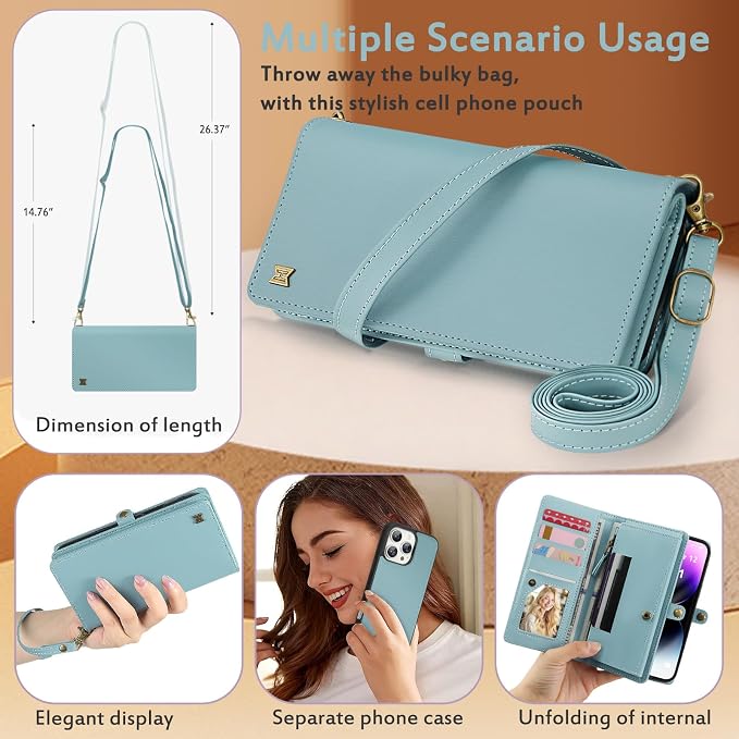 for Wallet Case Compatible with iPhone 14 Pro Max,Multi-Function Detachable 2 in 1 Magnetic iPhone 14 Pro Max Case Wallet,Flip Strap Zipper Card Holder Phone Case with Shoulder Straps (Blue)