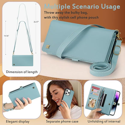 for Wallet Case Compatible with iPhone 14 Pro Max,Multi-Function Detachable 2 in 1 Magnetic iPhone 14 Pro Max Case Wallet,Flip Strap Zipper Card Holder Phone Case with Shoulder Straps (Blue)