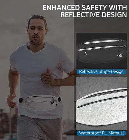 HiRui Slim Fanny Pack for Men Women, Adjustable Exercise Waist Pack Reflective Running Belt for Sports Workout Cycling Hiking, Casual Hands-Free Wallets Phone Bag Fits All Phones (White)