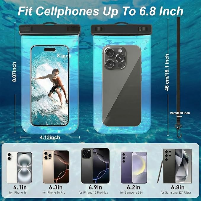 1 Pack Waterproof Phone Case, 6.8" Universal Dry Bag for iPhone 15/14/13/12 Pro Max, IPX8 Waterproof Pouch, Cruise Ship & Beach Essentials, Clear