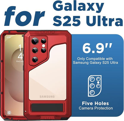 Mitywah Waterproof Case for Samsung Galaxy S25 Ultra, Heavy Duty Metal Kickstand Case, Shockproof Full Body Phone Case with Built-in Screen Protector for Samsung S25 Ultra Case Red