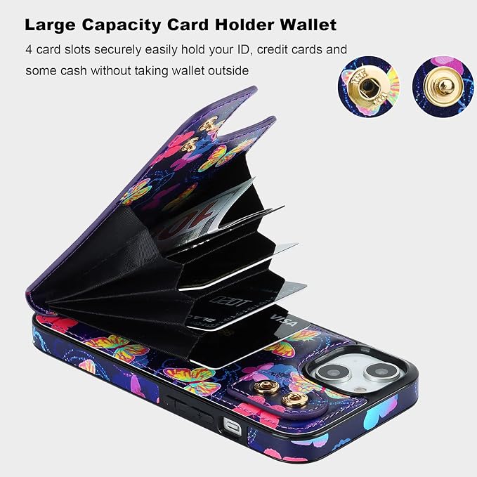 HAOPINSH for iPhone 13/ iPhone 14 Wallet Case with Card Holder, 360°Rotation Ring Kickstand, Pink Butterfly Pattern, RFID Blocking Leather for Girls Women, Double Buttons Flip Cover 6.1"
