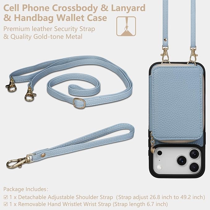 Keallce Case for iPhone 17 Pro Max 6.9'' Case Wallet, Crossbody Zipper Purse with RFID Blocking Card Slots Kickstand, Lanyard & Handstrap Flip Folio Leather Phone Cover for iPhone 17 Pro Max, Blue