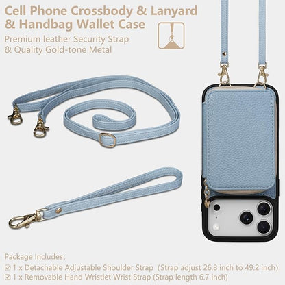 Keallce Case for iPhone 17 Pro Max 6.9'' Case Wallet, Crossbody Zipper Purse with RFID Blocking Card Slots Kickstand, Lanyard & Handstrap Flip Folio Leather Phone Cover for iPhone 17 Pro Max, Blue