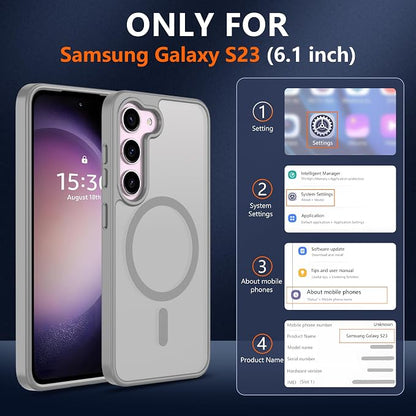 Pilaru for Samsung Galaxy S23 Case [Compatible with Magsafe] Translucent Matte Magnetic S23 Phone Case,SlimThin Duty Shockproof Protection Cover with 2pc HD Screen Protector for S23-Gray