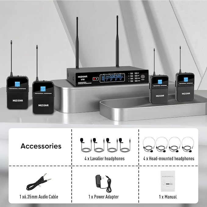 4 Channel Wireless Lapel Microphone, Set of 4 Headset & Lavalier Mics with 4x50 Adjustable Frequency UHF Metal Receiver, 300ft Range Microphone System for Church, Karaoke, Preaching, Wedding