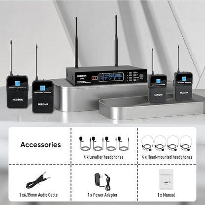 4 Channel Wireless Lapel Microphone, Set of 4 Headset & Lavalier Mics with 4x50 Adjustable Frequency UHF Metal Receiver, 300ft Range Microphone System for Church, Karaoke, Preaching, Wedding